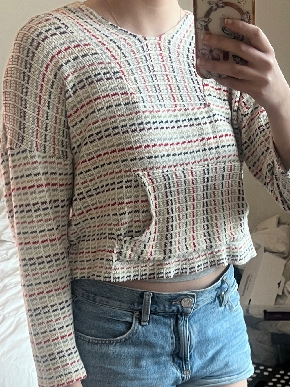 Cropped Cream Knit Sweatshirt with Red and Navy Stripes